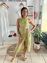 Load image into Gallery viewer, Pink paradise halter wrap midi dress
