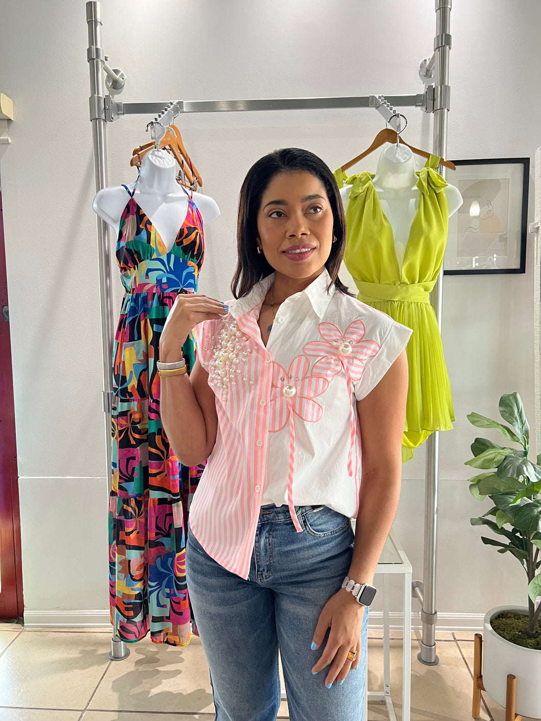 Pink stripes color block floral shirt