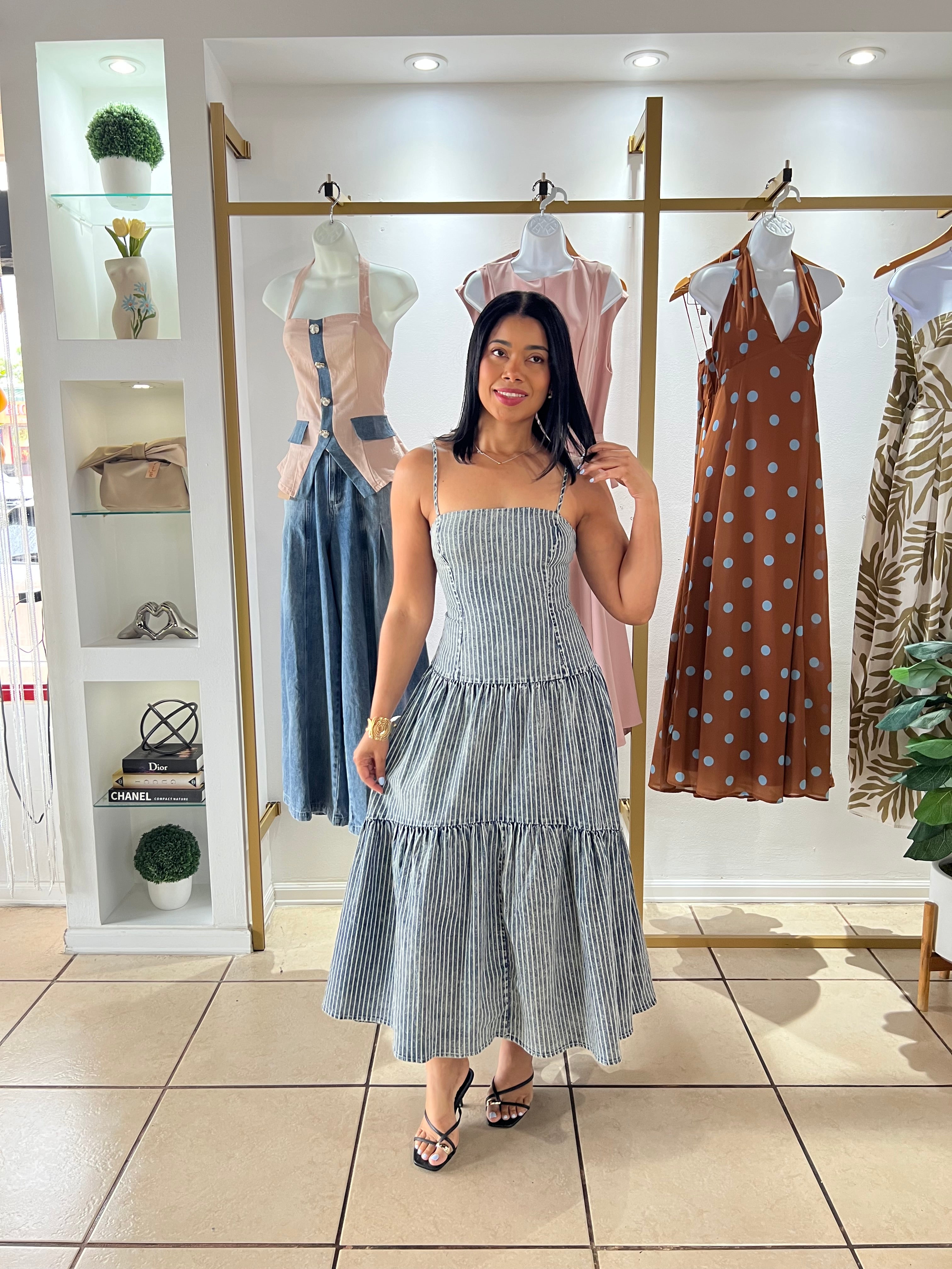 Blue White Stripes Denim Midi Dress