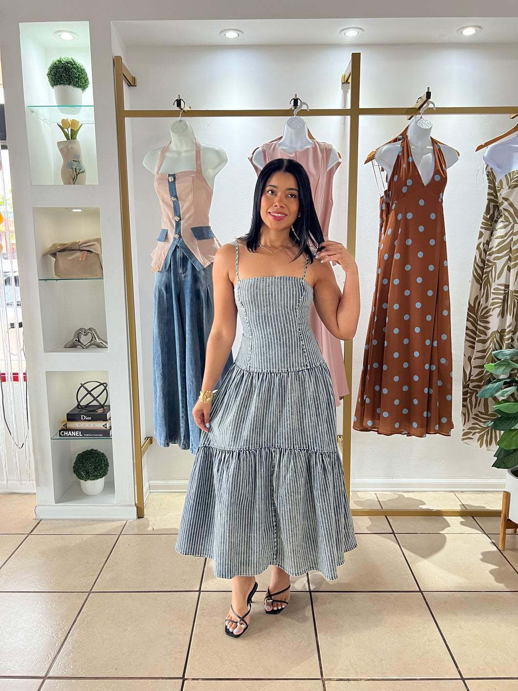 Blue White Stripes Denim Midi Dress