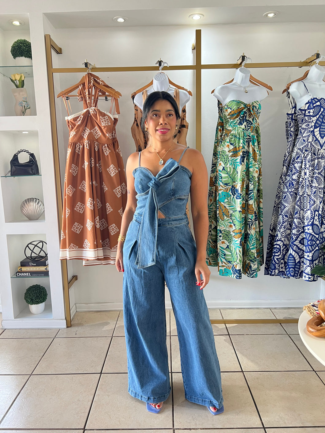 Bow Detail Denim Jumpsuit