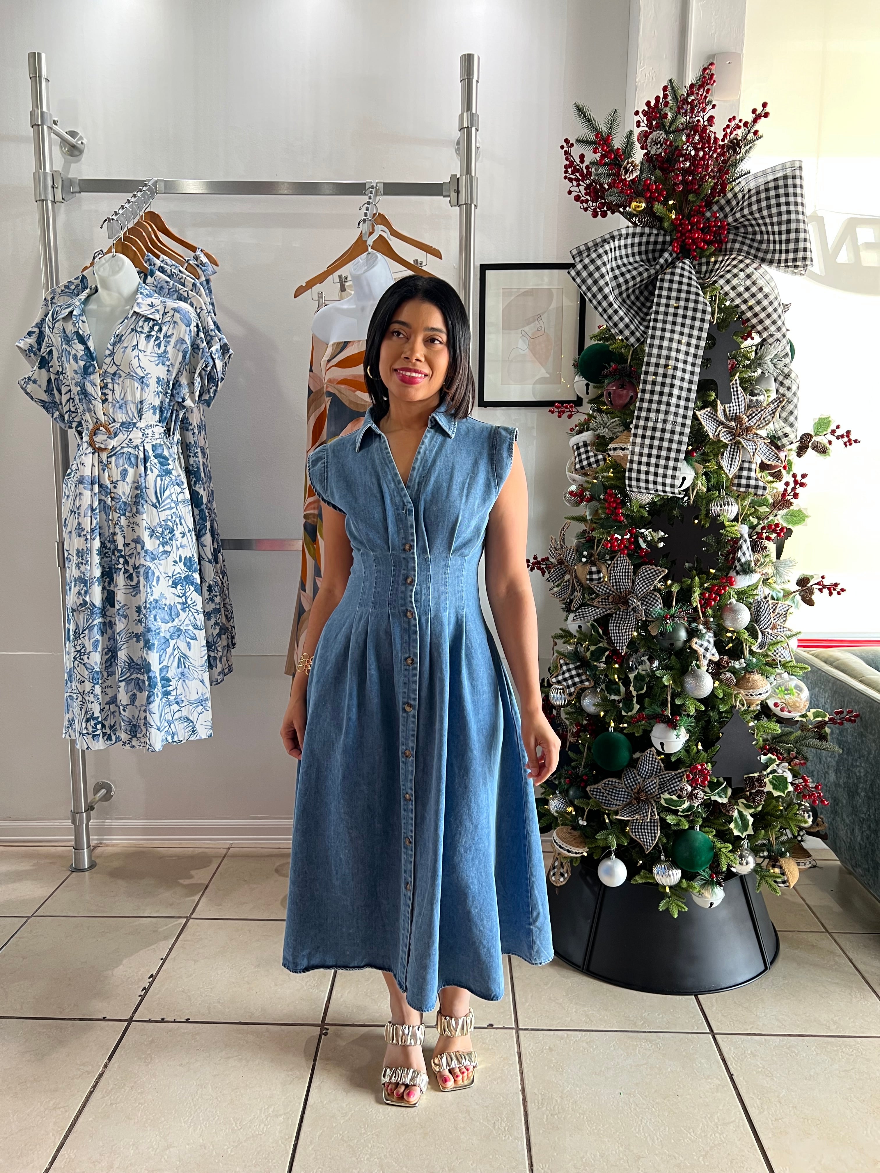Medium indigo denim midi dress