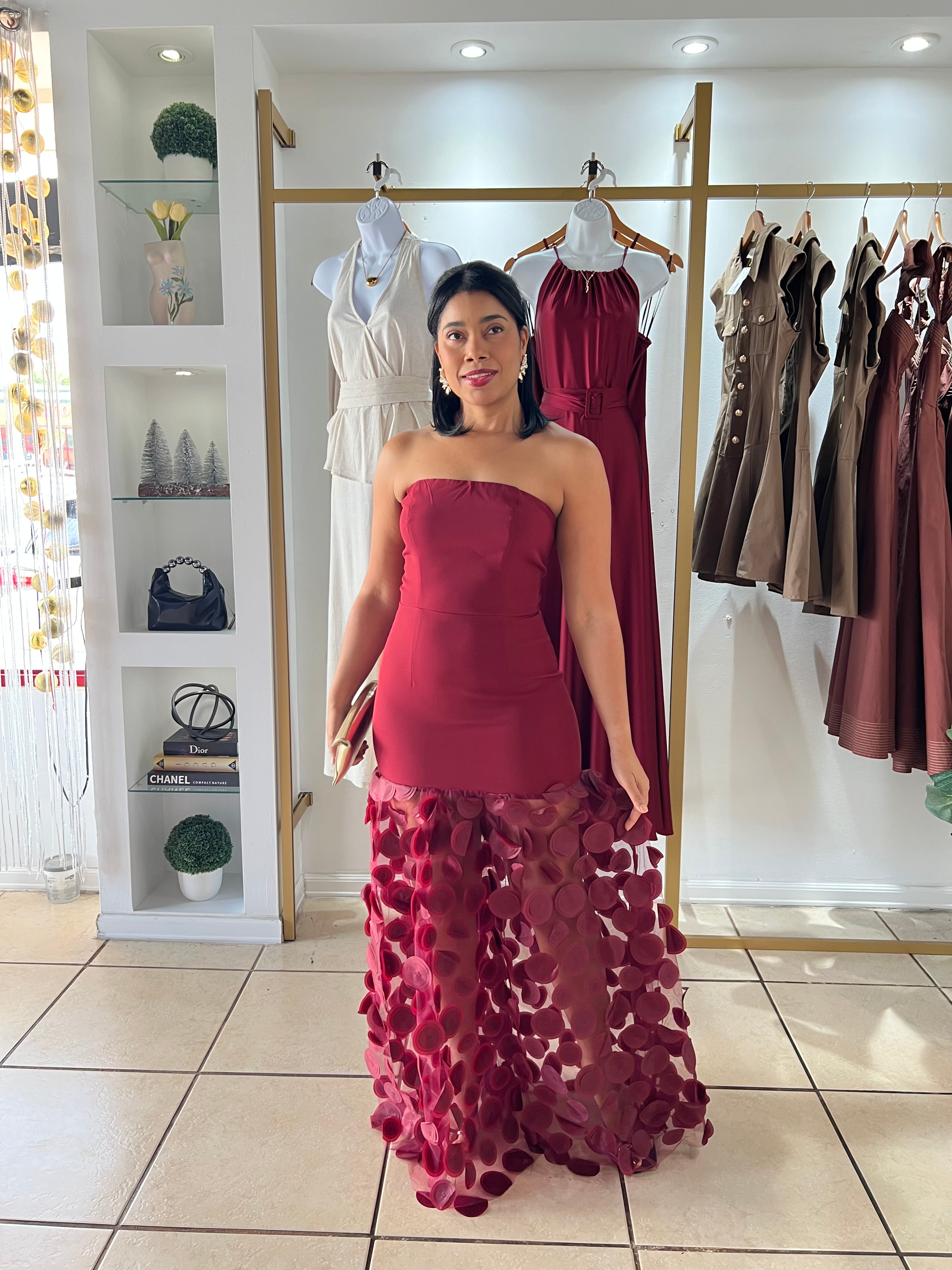 Wine 3D Petals Maxi Dress