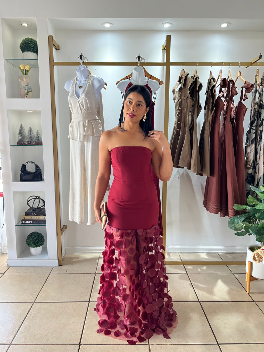 Wine 3D Petals Maxi Dress