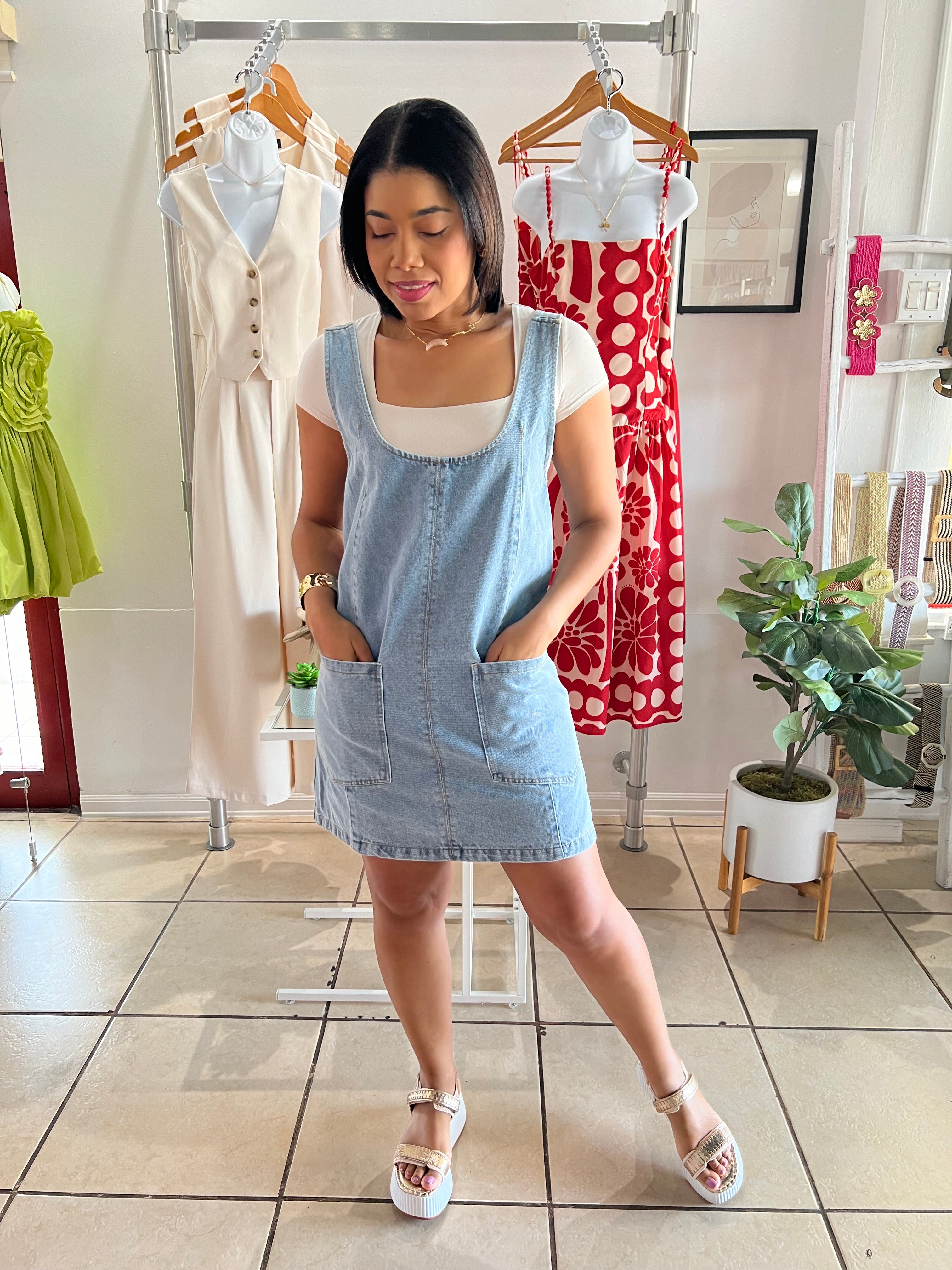 Denim wash overall dress
