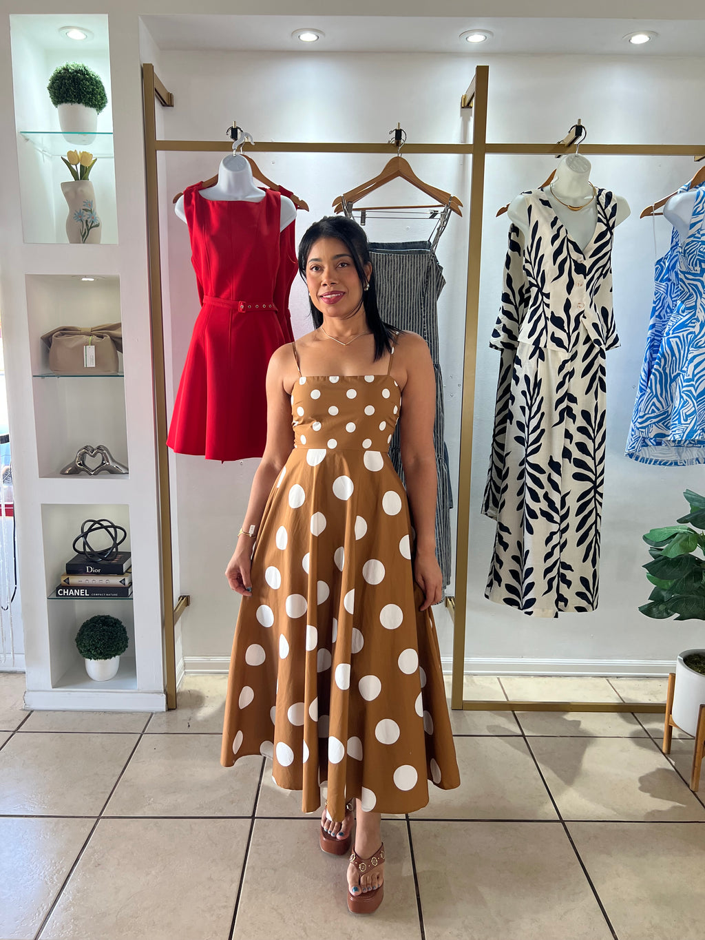 Brown White Polka Dots Midi Dress