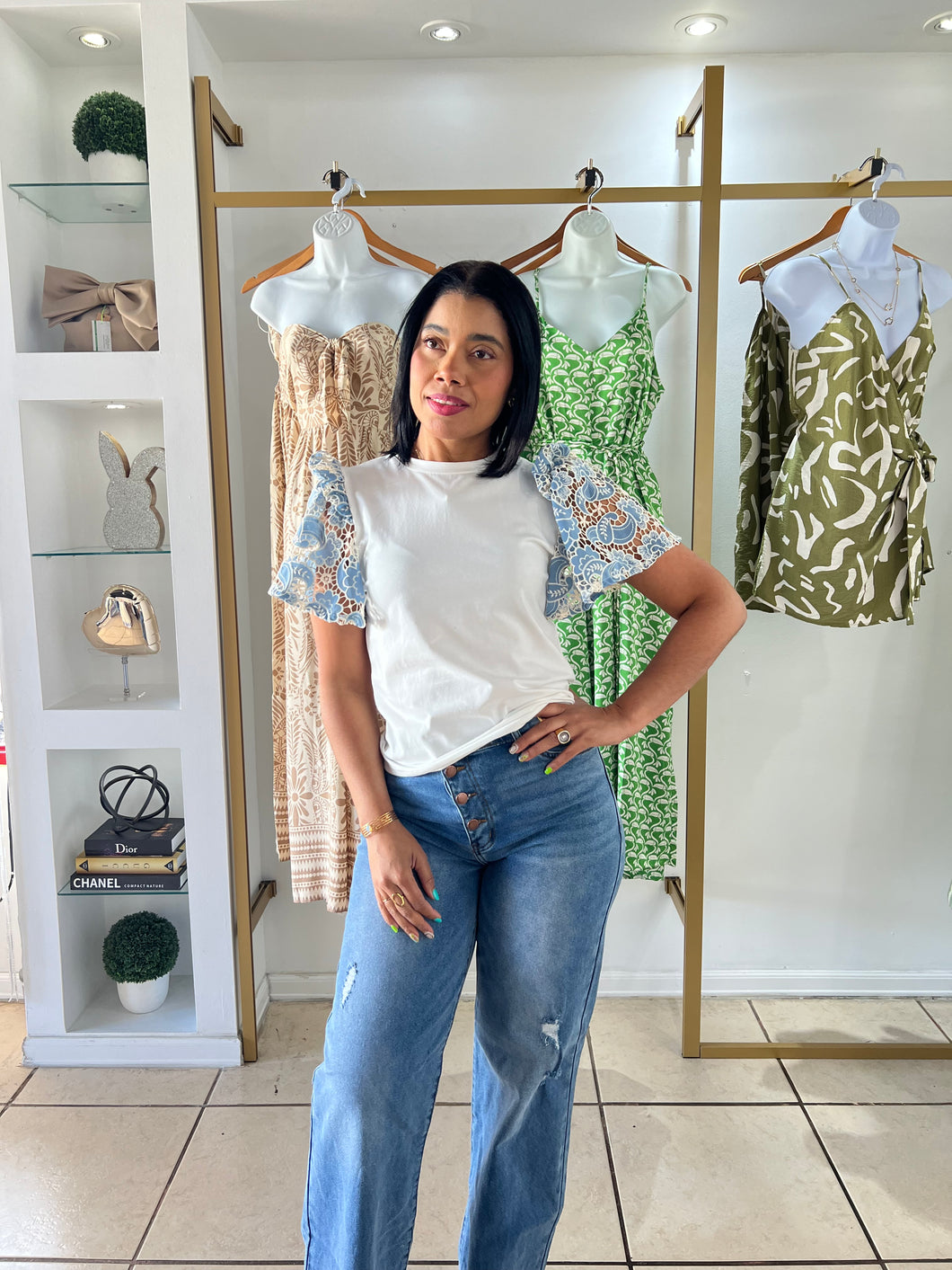 Blue Crochet Sleeves T-Shirt