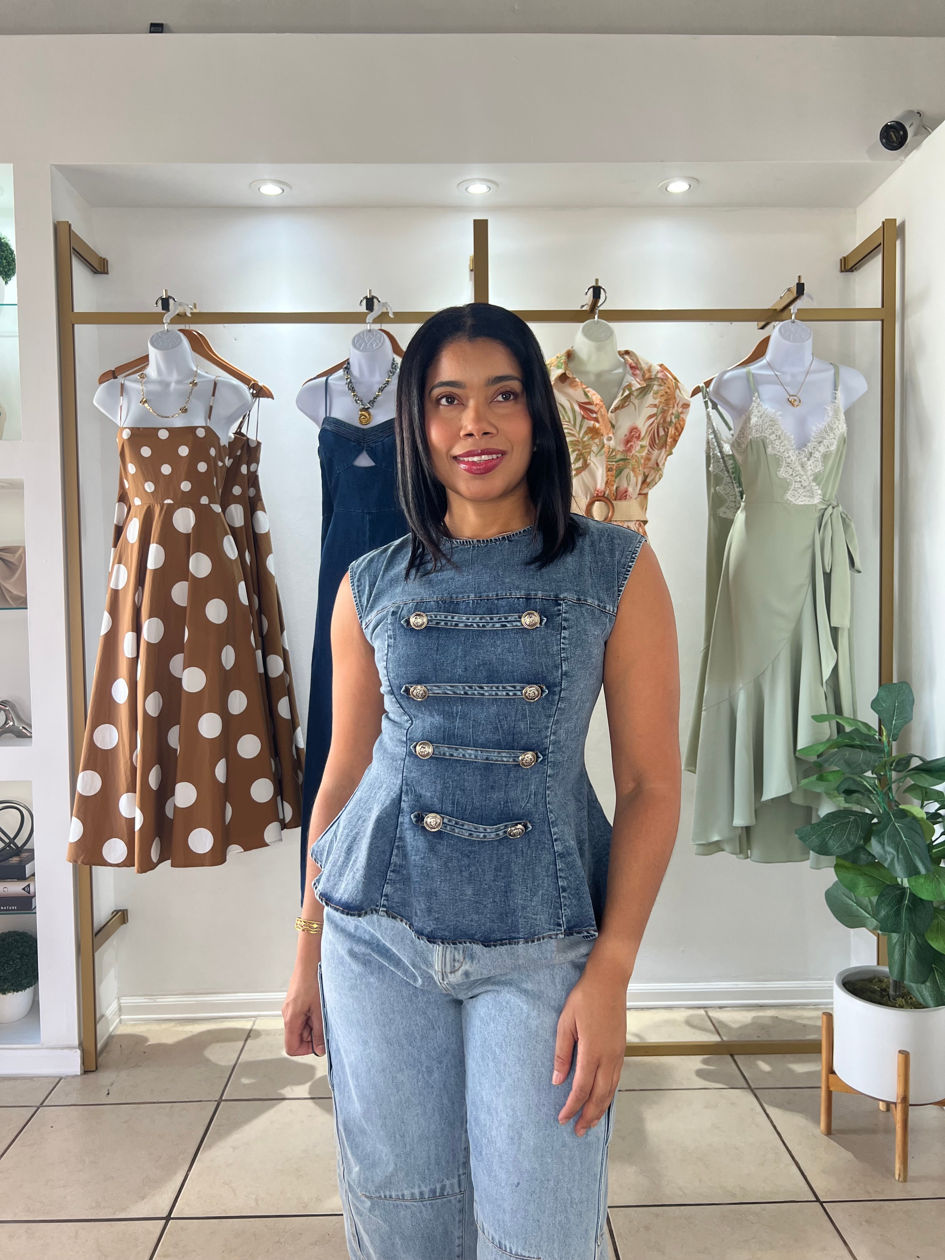 Denim Napoleon Style Peplum Top