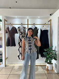 Black Ivory Pin Stripe Peplum Top