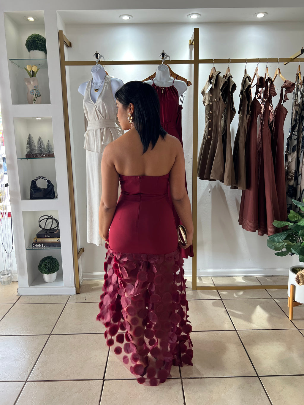 Wine 3D Petals Maxi Dress