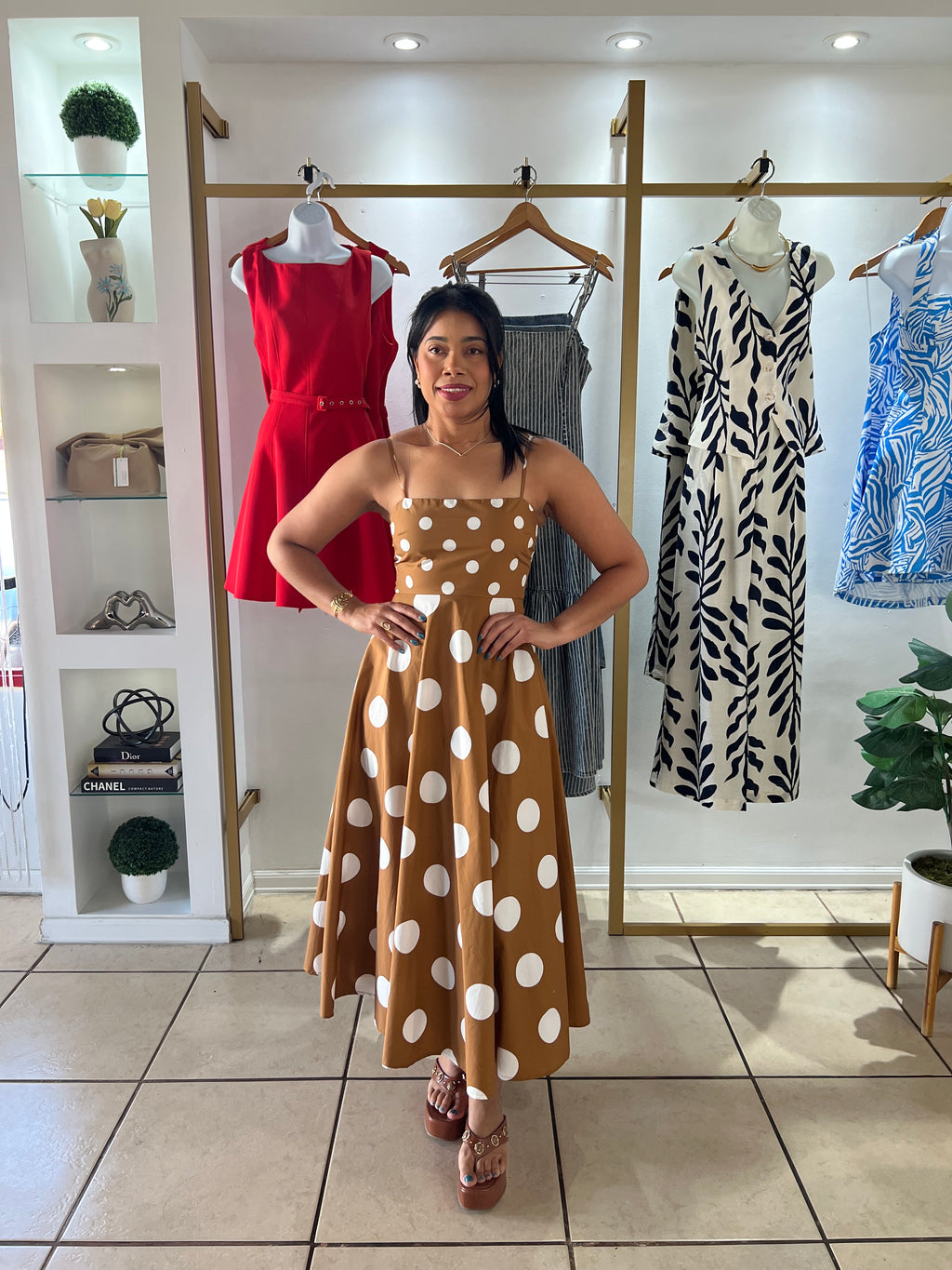 Brown White Polka Dots Midi Dress