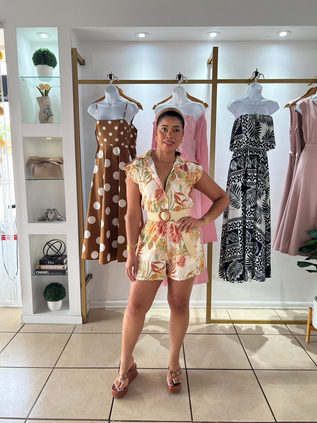 Ivory Tropical Print Belted Romper