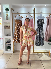 Load image into Gallery viewer, Ivory Tropical Print Belted Romper
