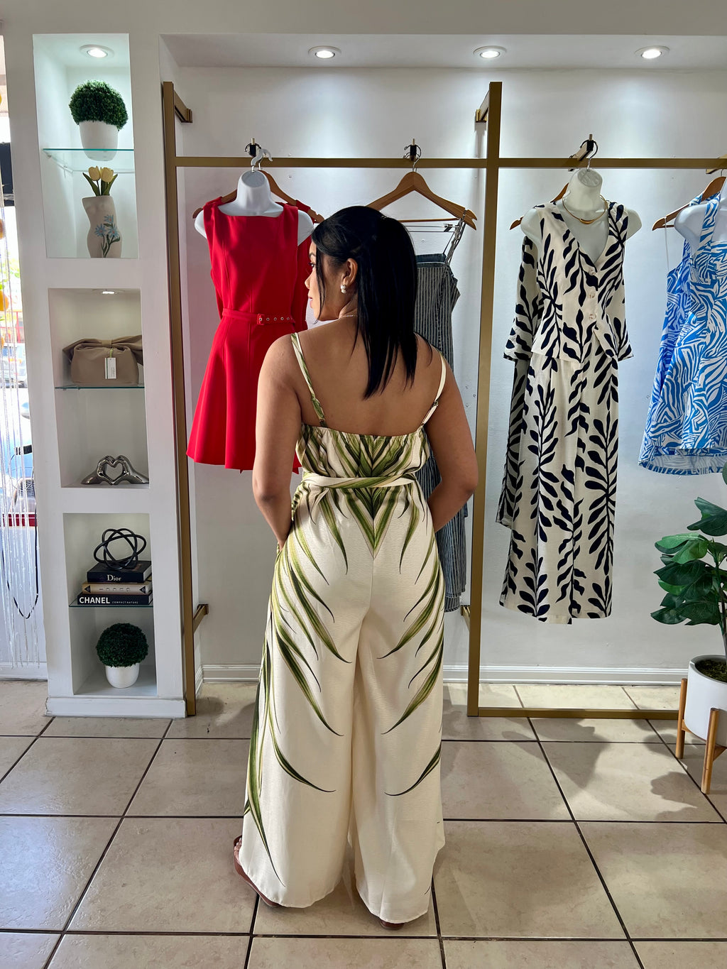 Ivory Palm Leaf Print Jumpsuit