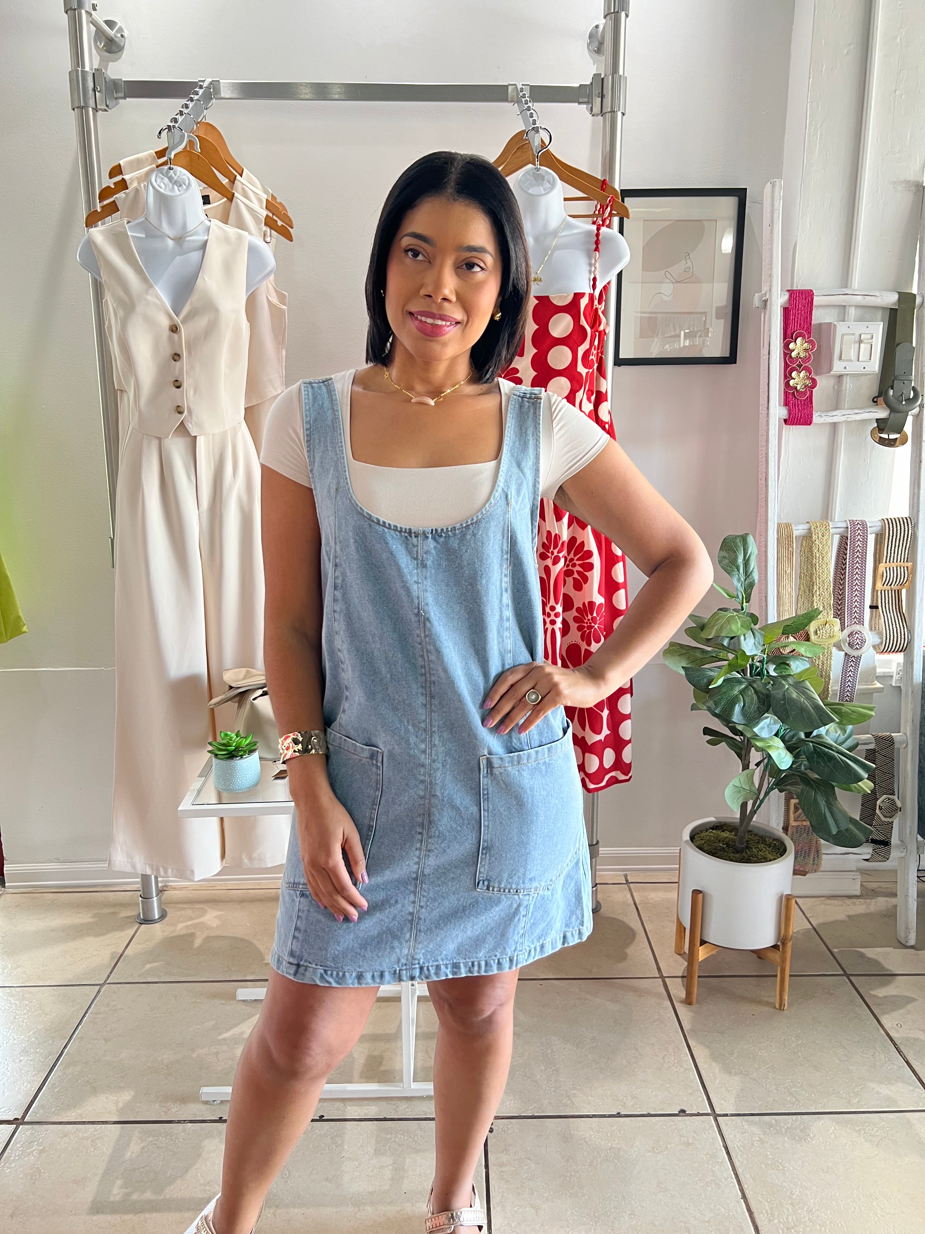Denim wash overall dress