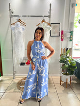 Load image into Gallery viewer, Blue white floral halter neck jumpsuit
