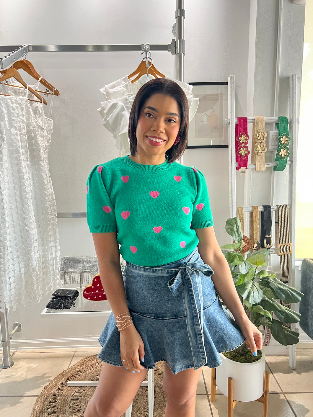 Green pink hearts sweater top