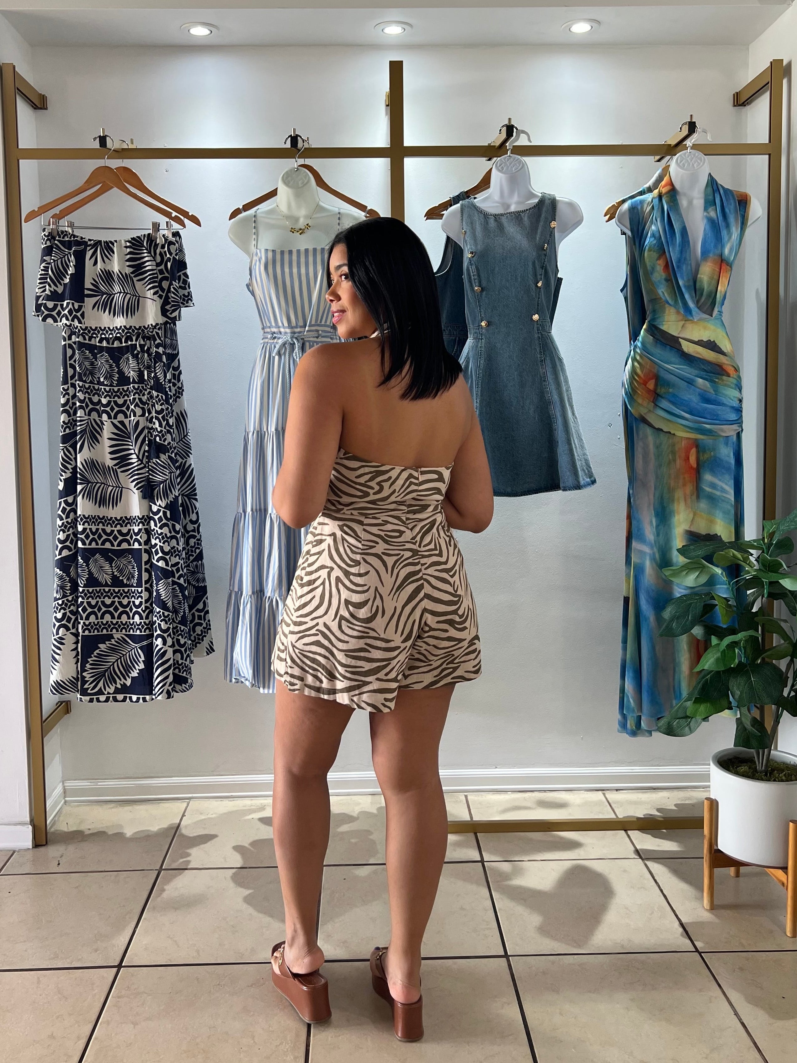 Olive Taupe Zebra Print Tie Front Romper