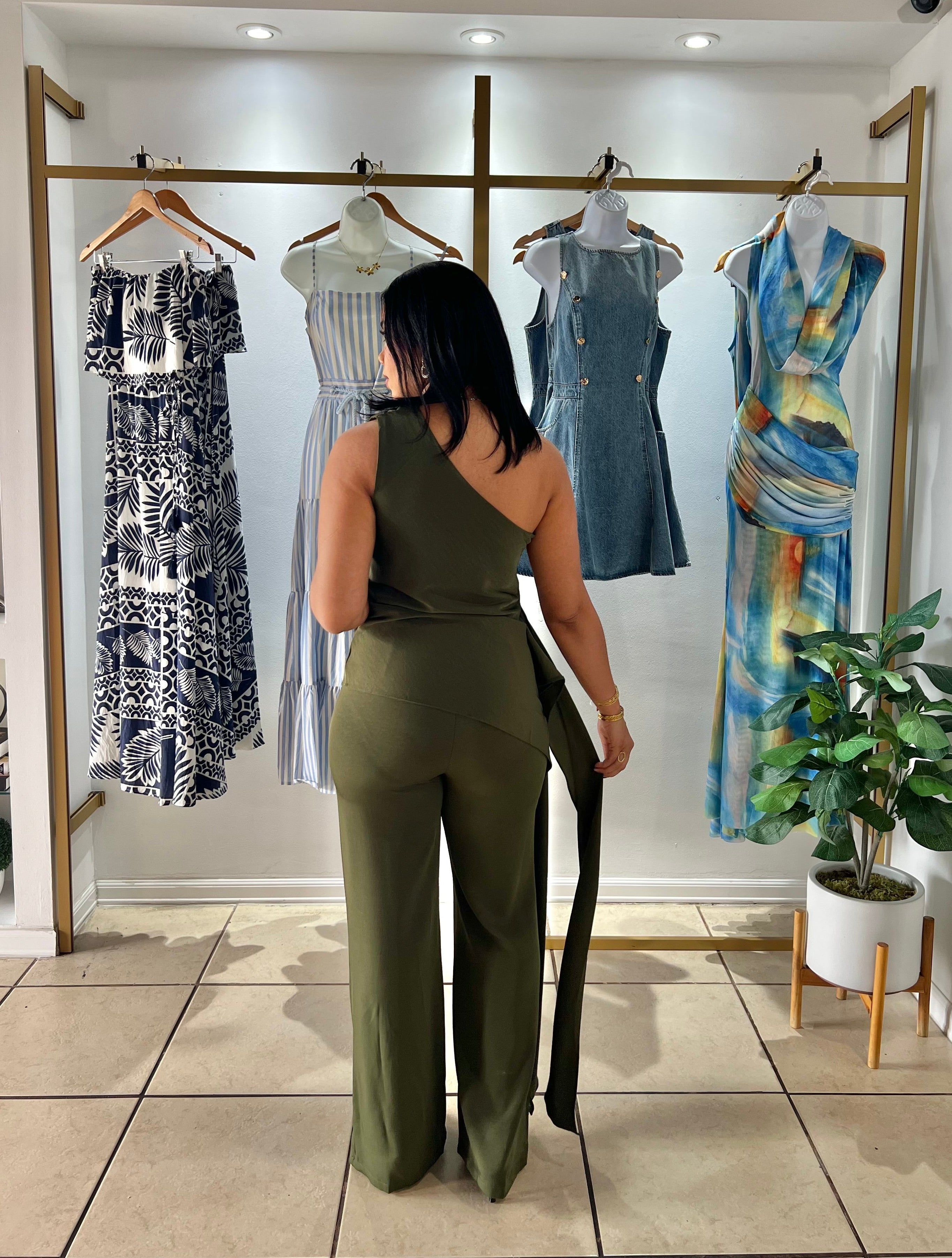 Olive One Shoulder Draped Jumpsuit
