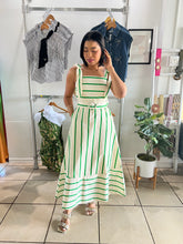 Load image into Gallery viewer, Green/ ivory stripes tie midi dress
