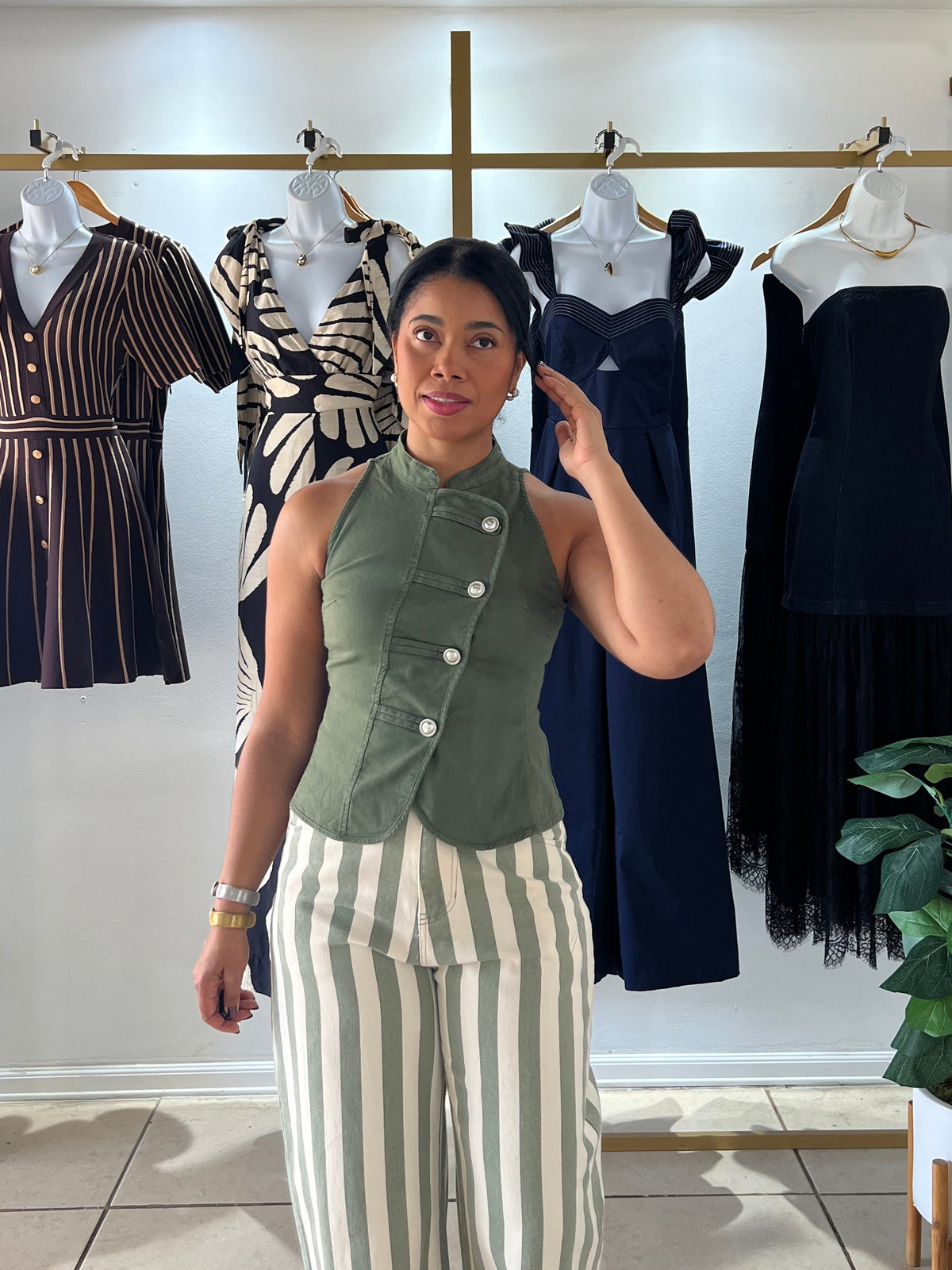 Olive Napoleon Button Front Vest Top