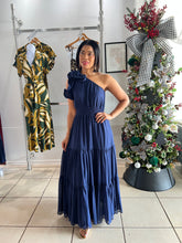 Load image into Gallery viewer, Navy ruffled one shoulder maxi dress
