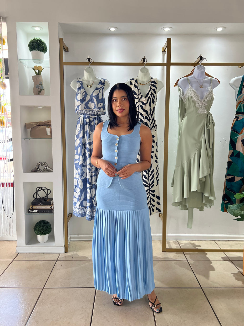 LT Blue Vest and Contrast Pleated Skirt Set