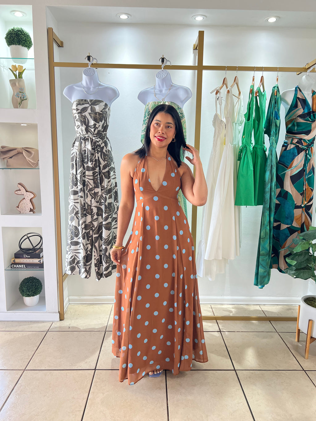 Brown Blue Polka Dots Maxi Dress