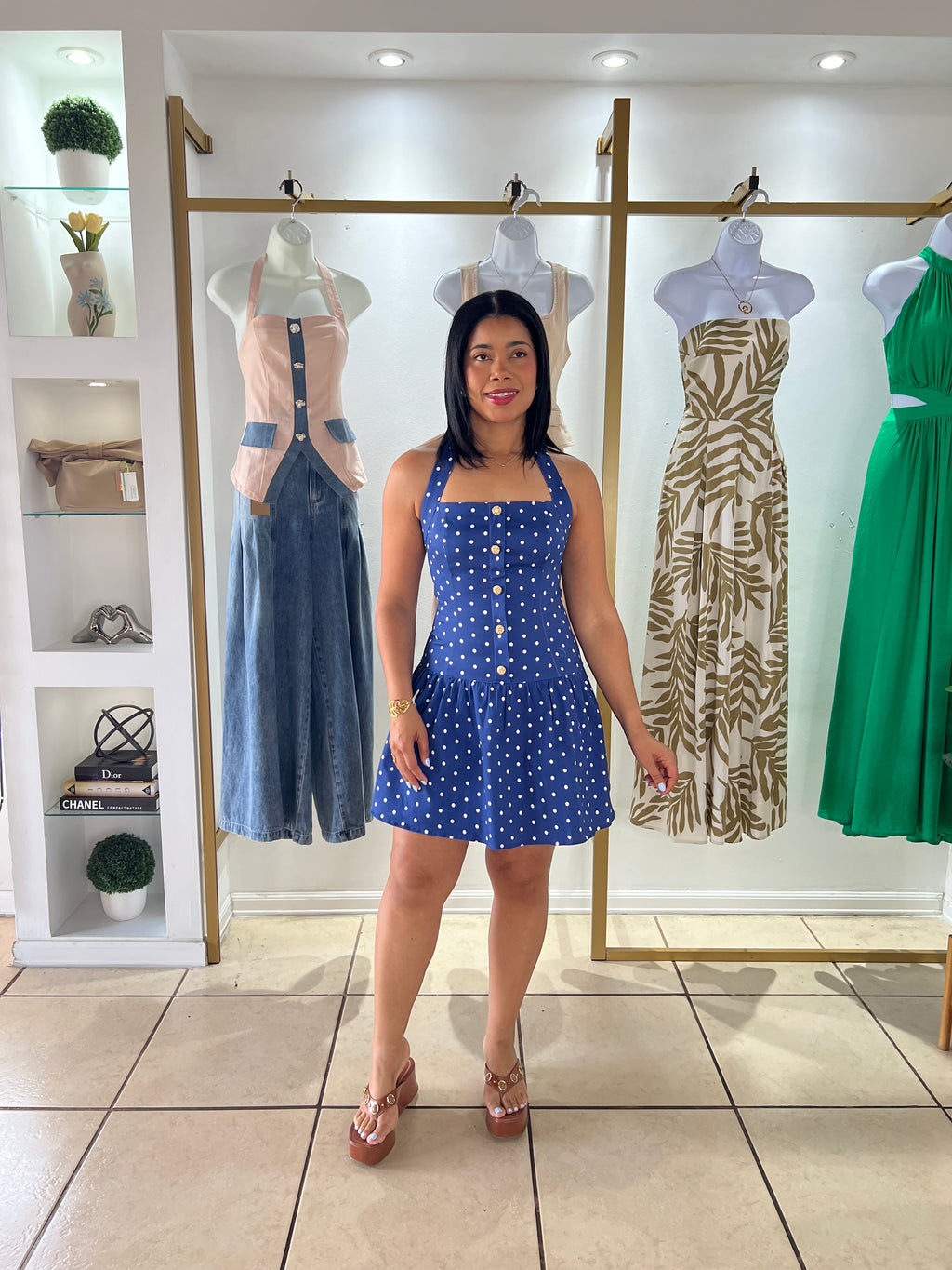 Navy White Polka Dots Mini Dress