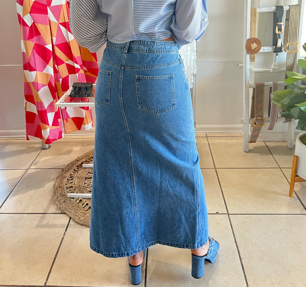 Denim side closure midi skirt