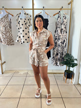 Load image into Gallery viewer, Taupe abstract print utility romper
