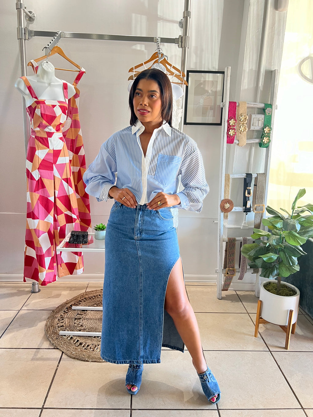 Denim side closure midi skirt