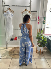 Load image into Gallery viewer, Blue white floral halter neck jumpsuit
