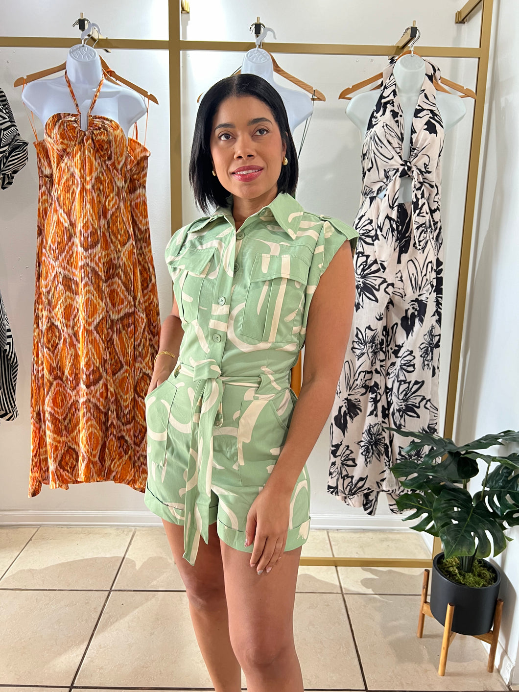 Mint ivory abstract print ultility romper