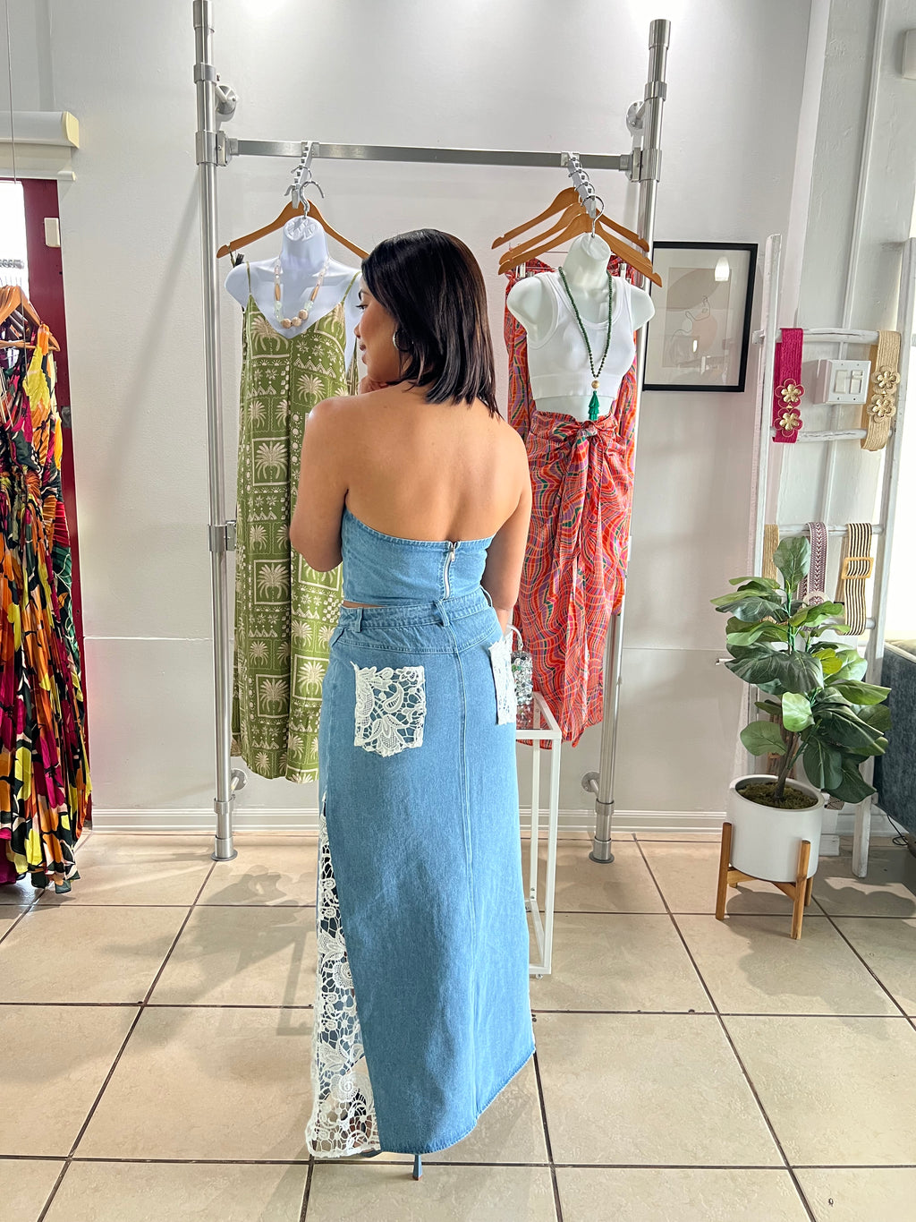 Crochet lace side denim maxi skirt