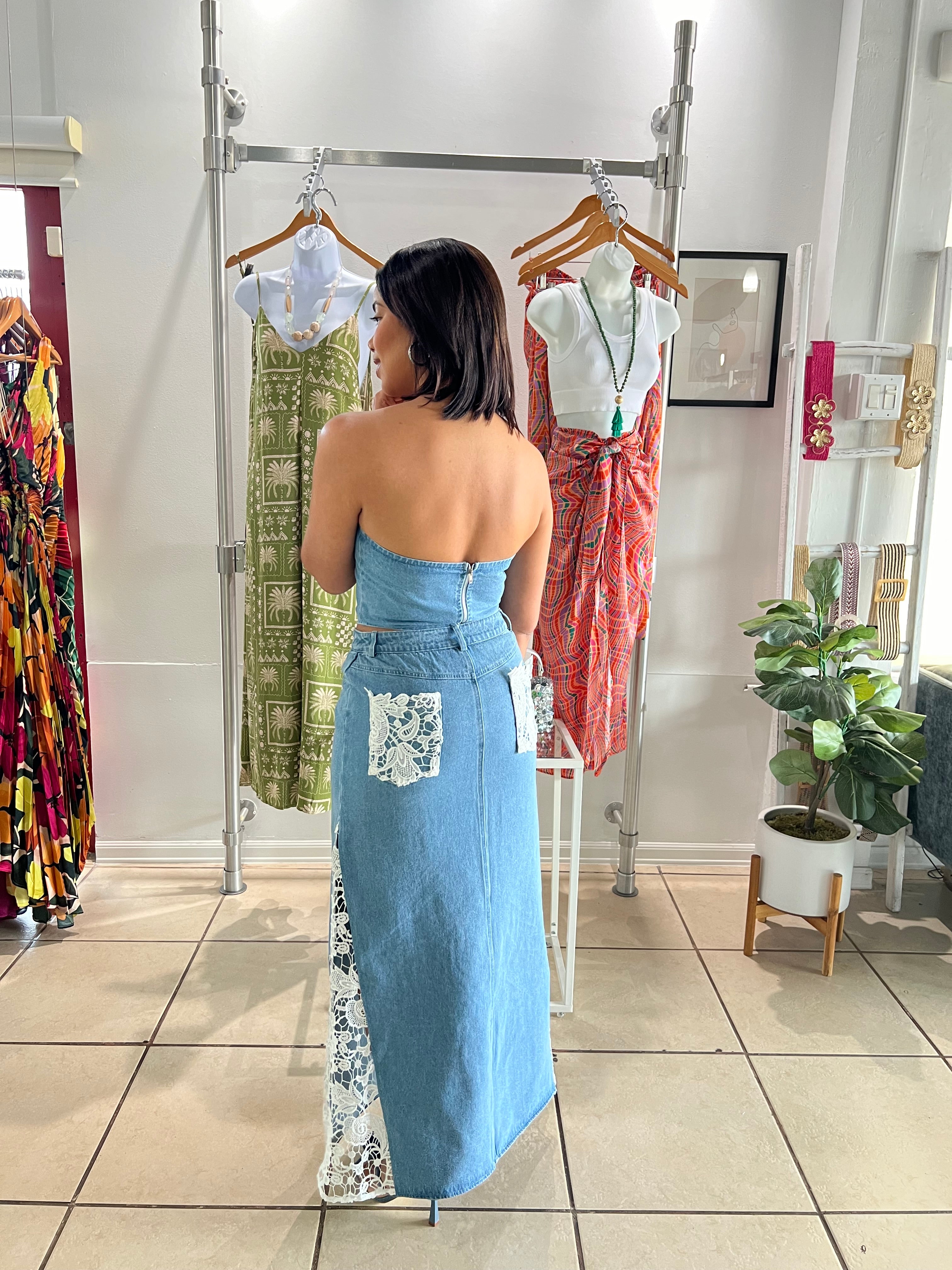 Crochet lace side denim maxi skirt