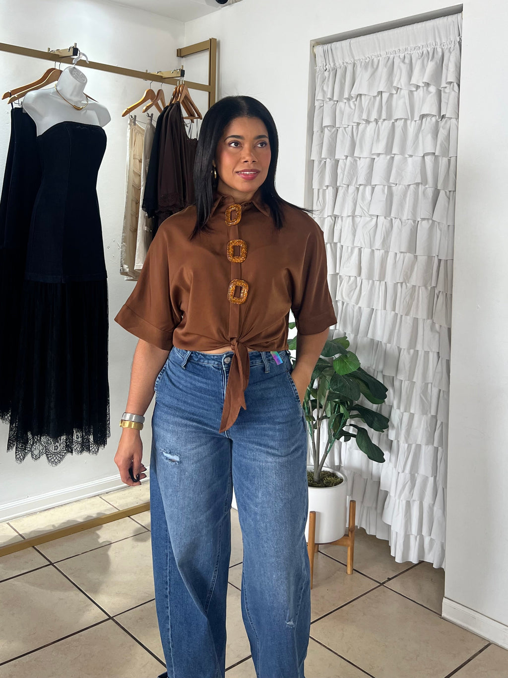 Brown Front Tie Blouse