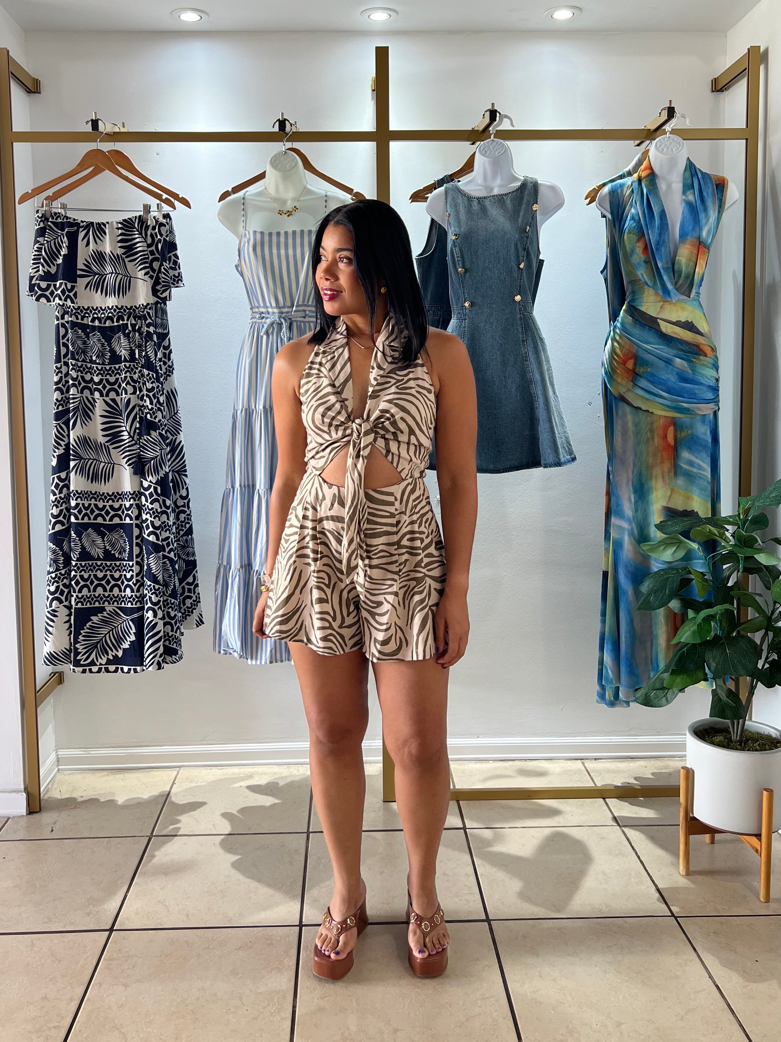 Olive Taupe Zebra Print Tie Front Romper