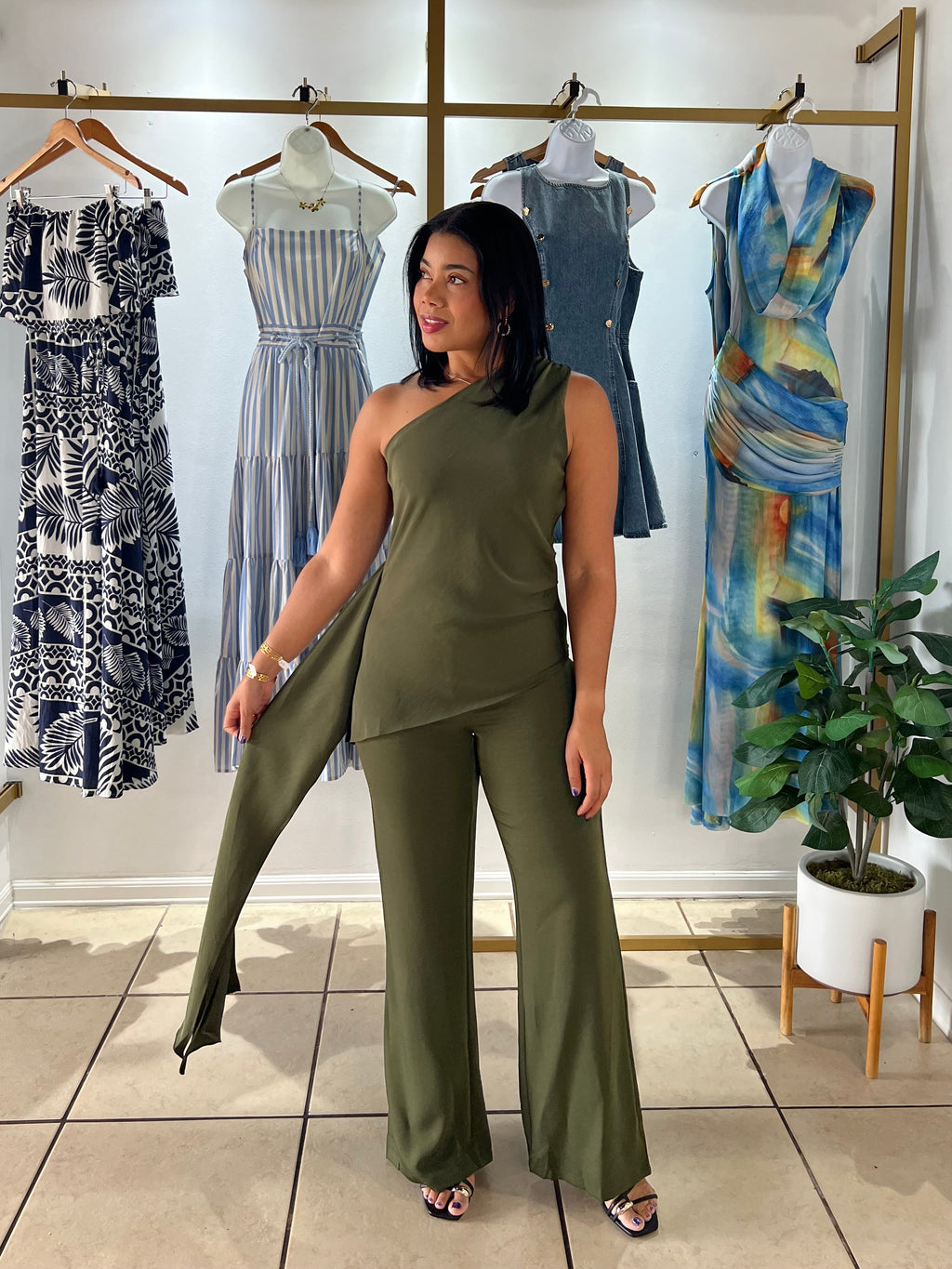 Olive One Shoulder Draped Jumpsuit