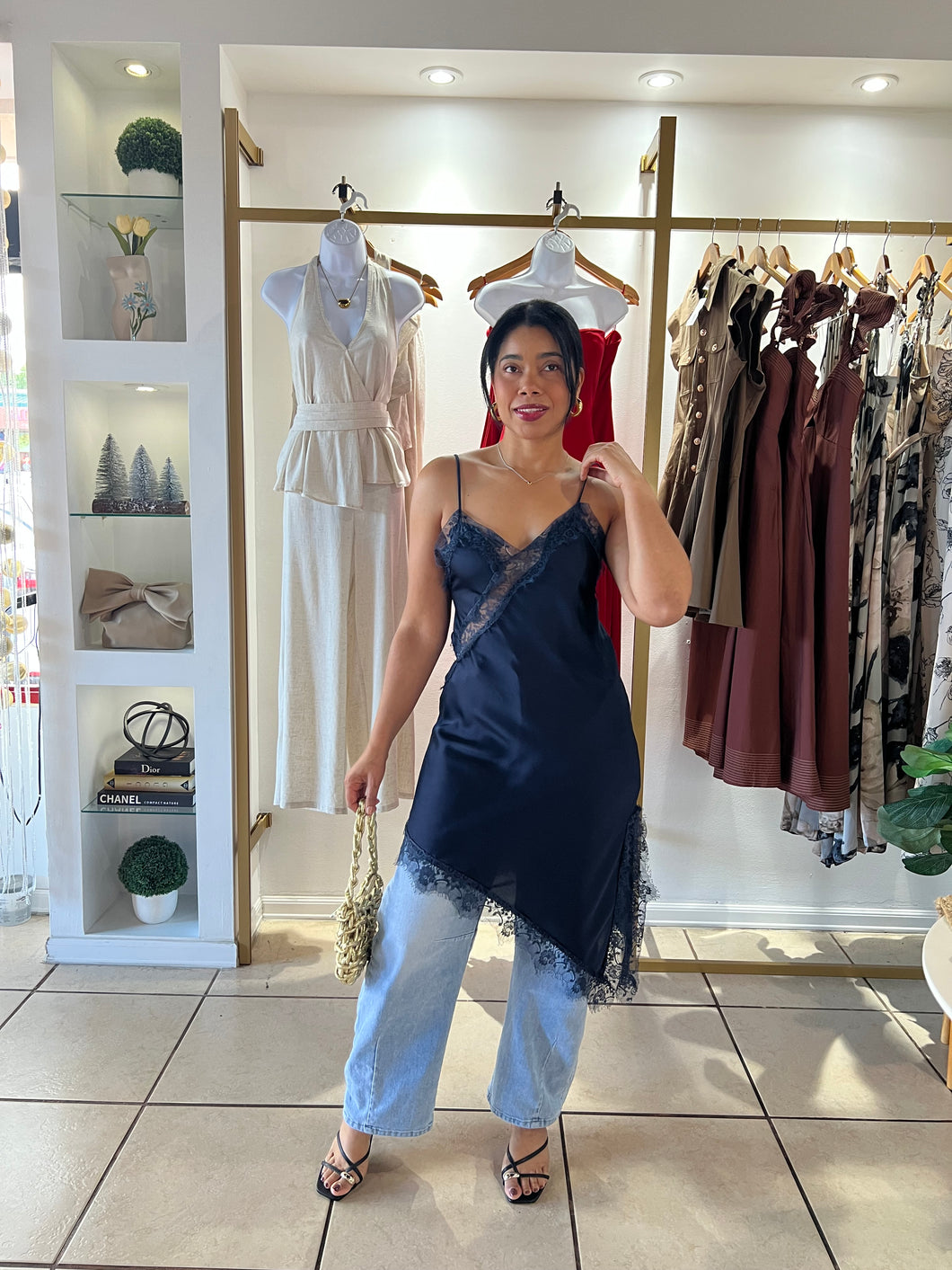 Navy Lace Asymmetrical Tunic Dress