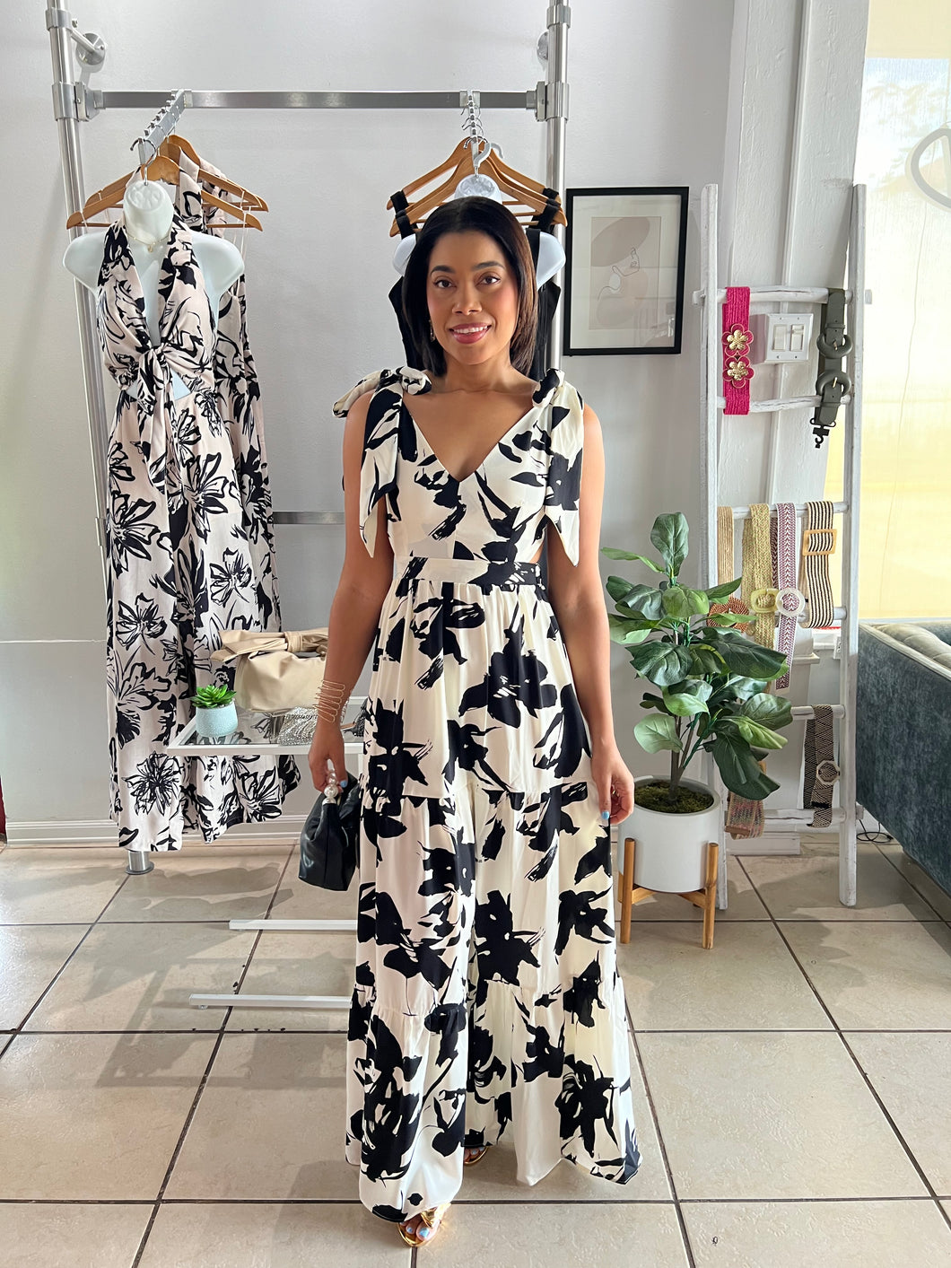 Ivory black floral ties maxi dress