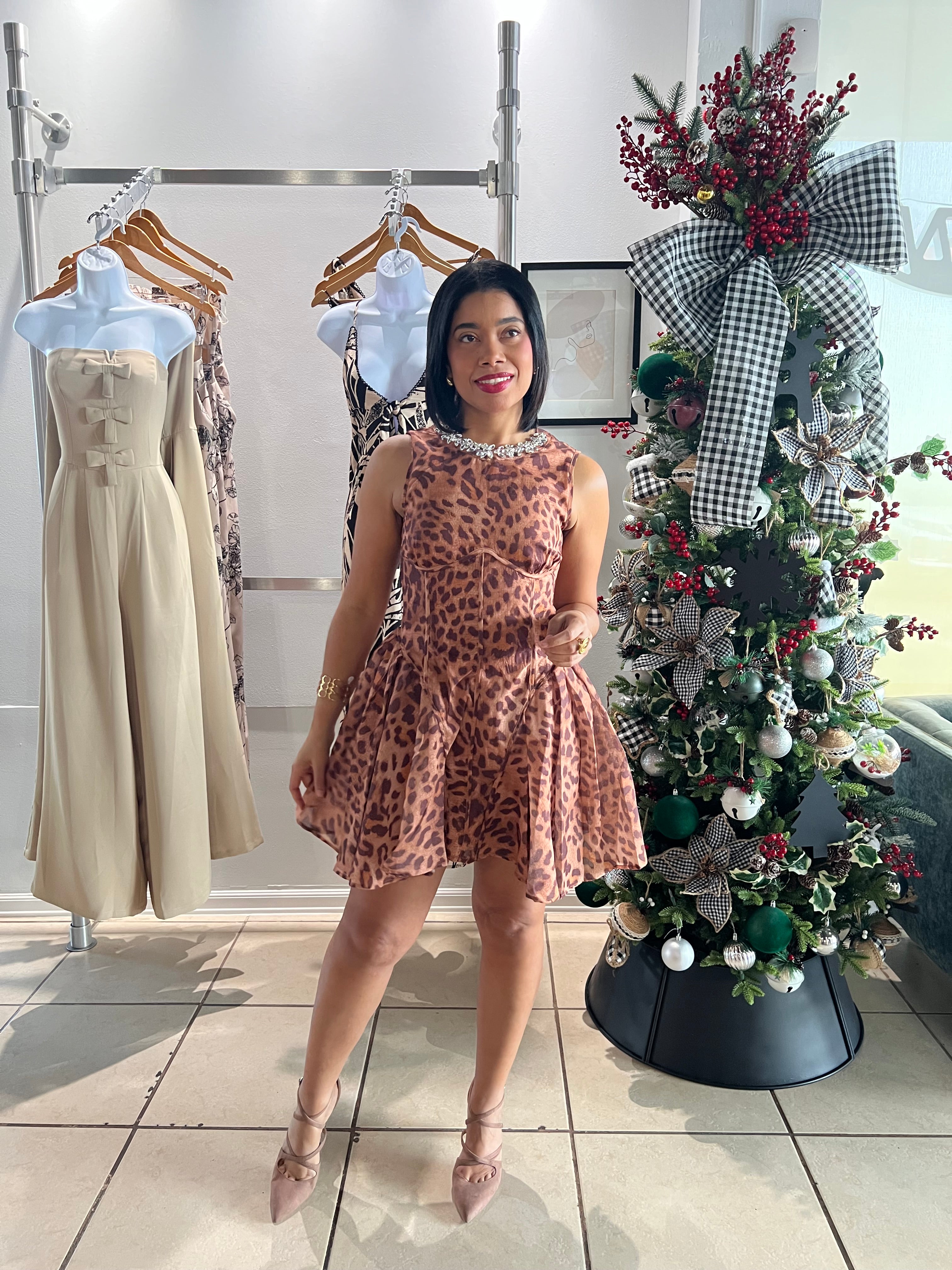 Leopard festive mini dress