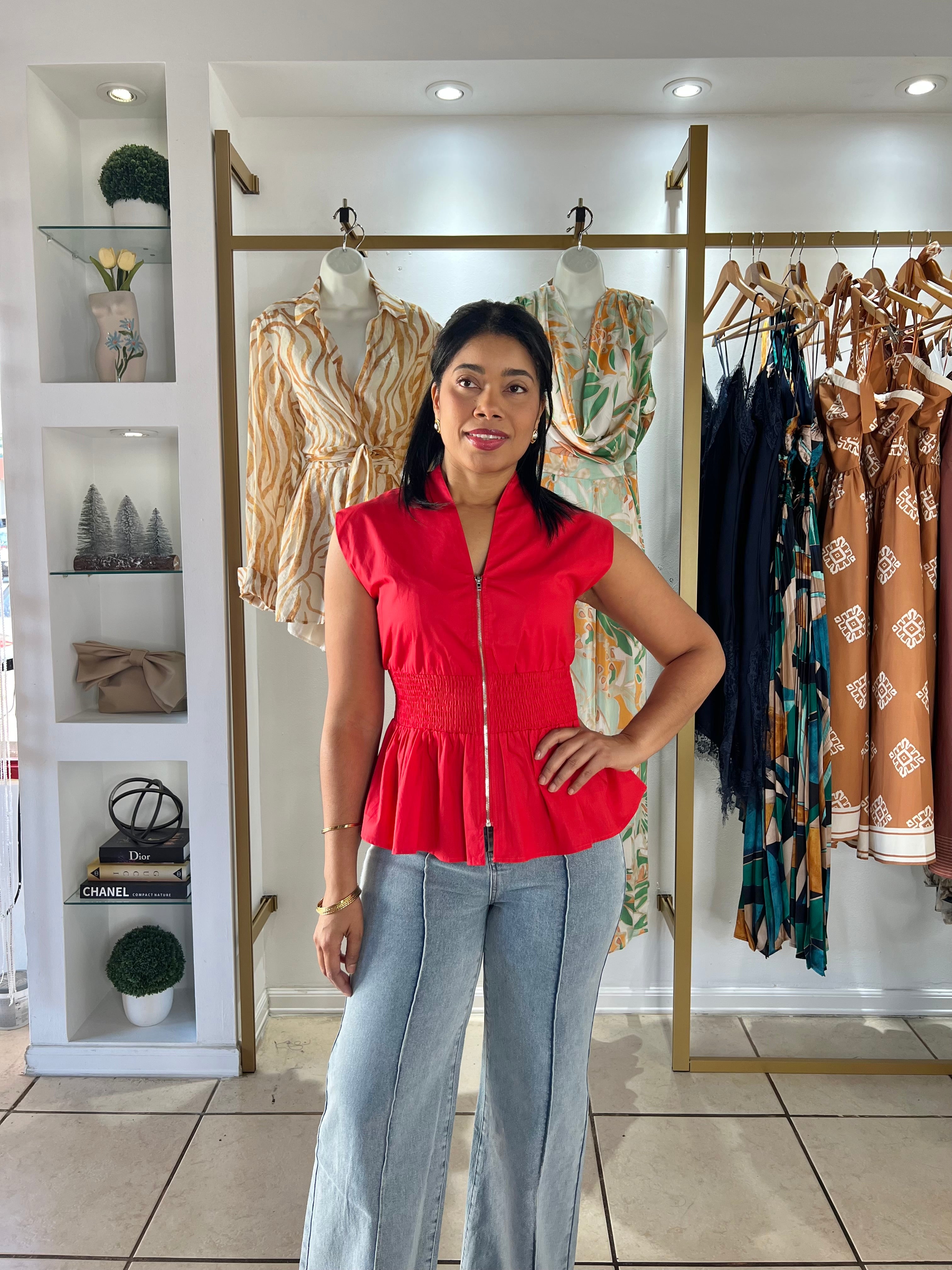 Red Frontal Zipper Top