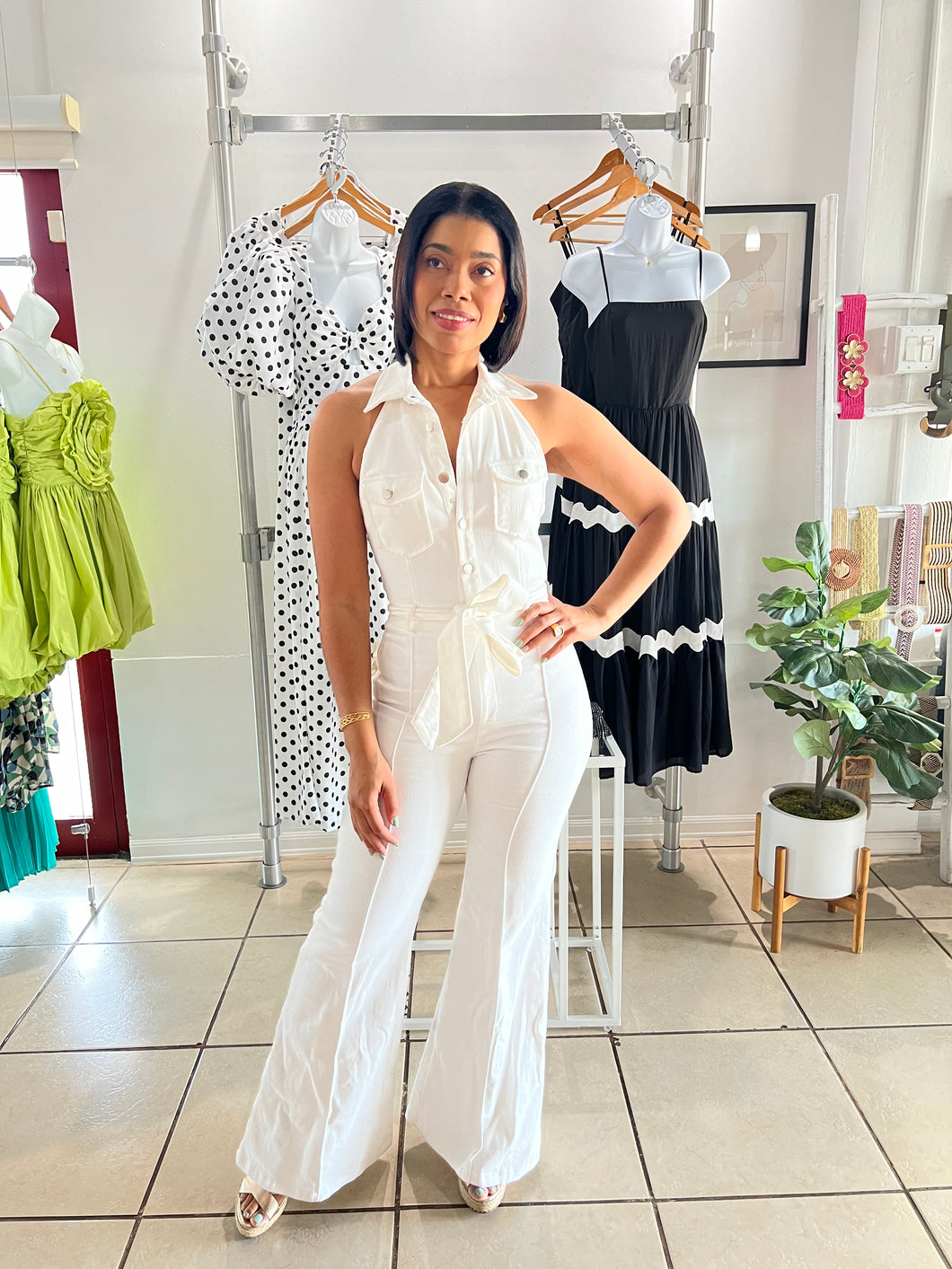 Off white halter neck flare jumpsuit