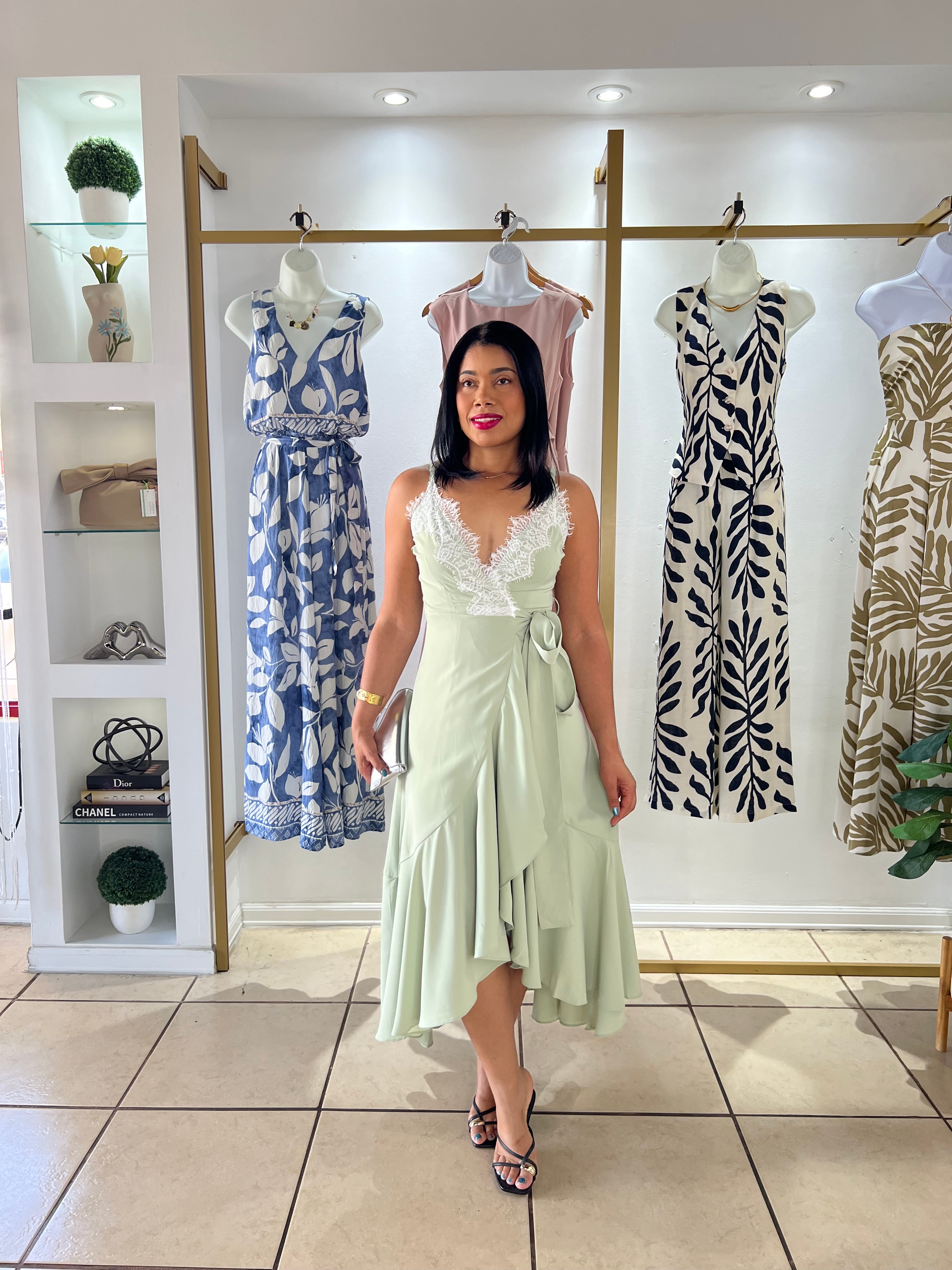 Sage Ivory Lace Trim Wrap Dress