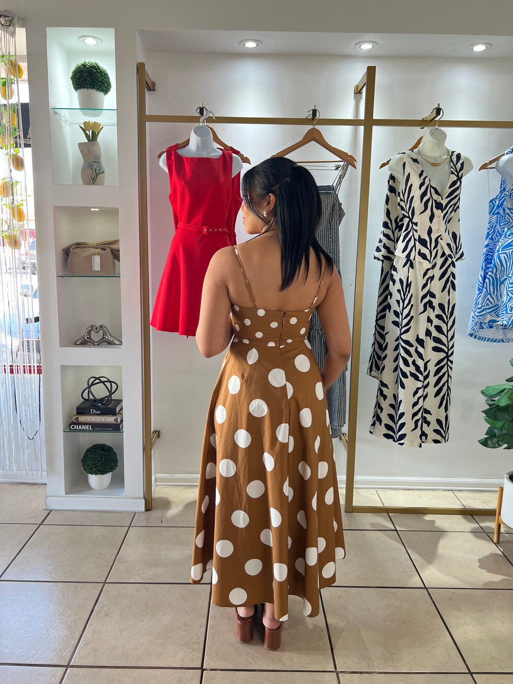 Brown White Polka Dots Midi Dress