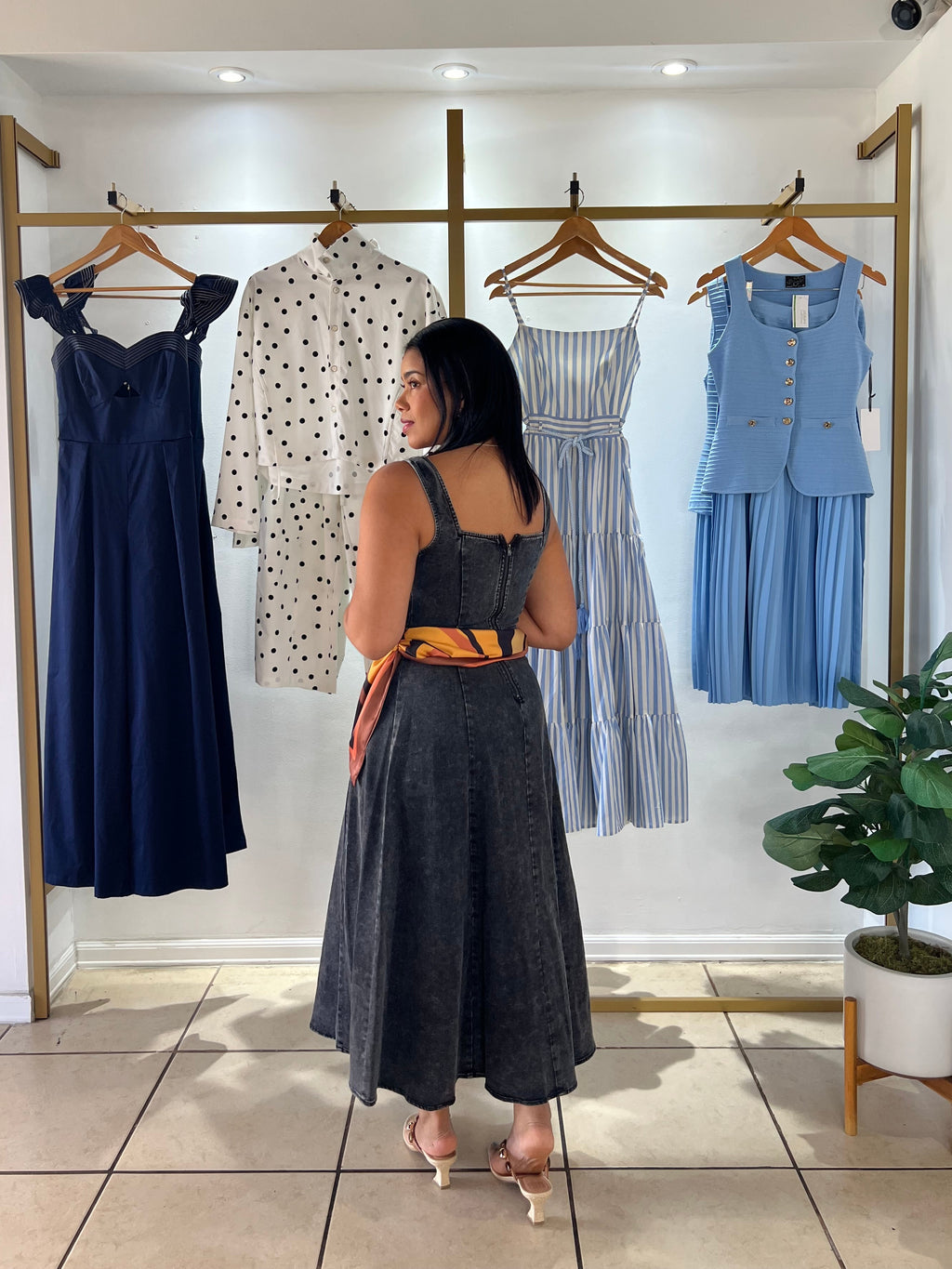 Black Acid Wash Denim Midi Dress with Scarf