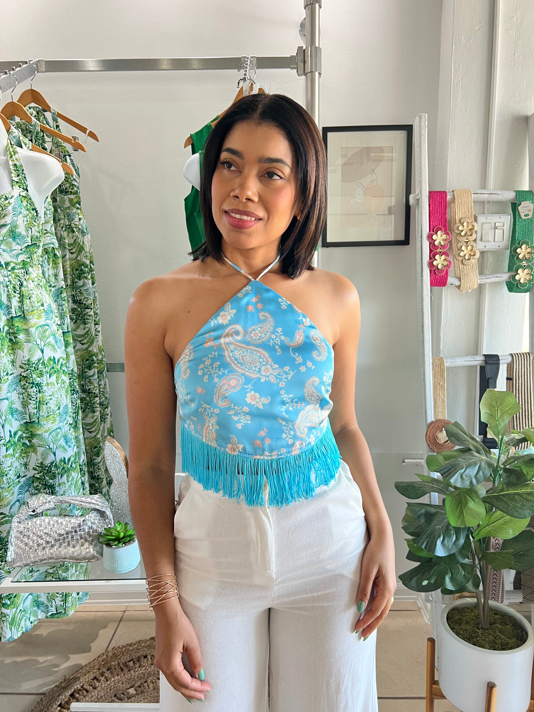 Sky blue fringe bandana top