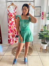 Load image into Gallery viewer, Green acid ruffle sleeve romper
