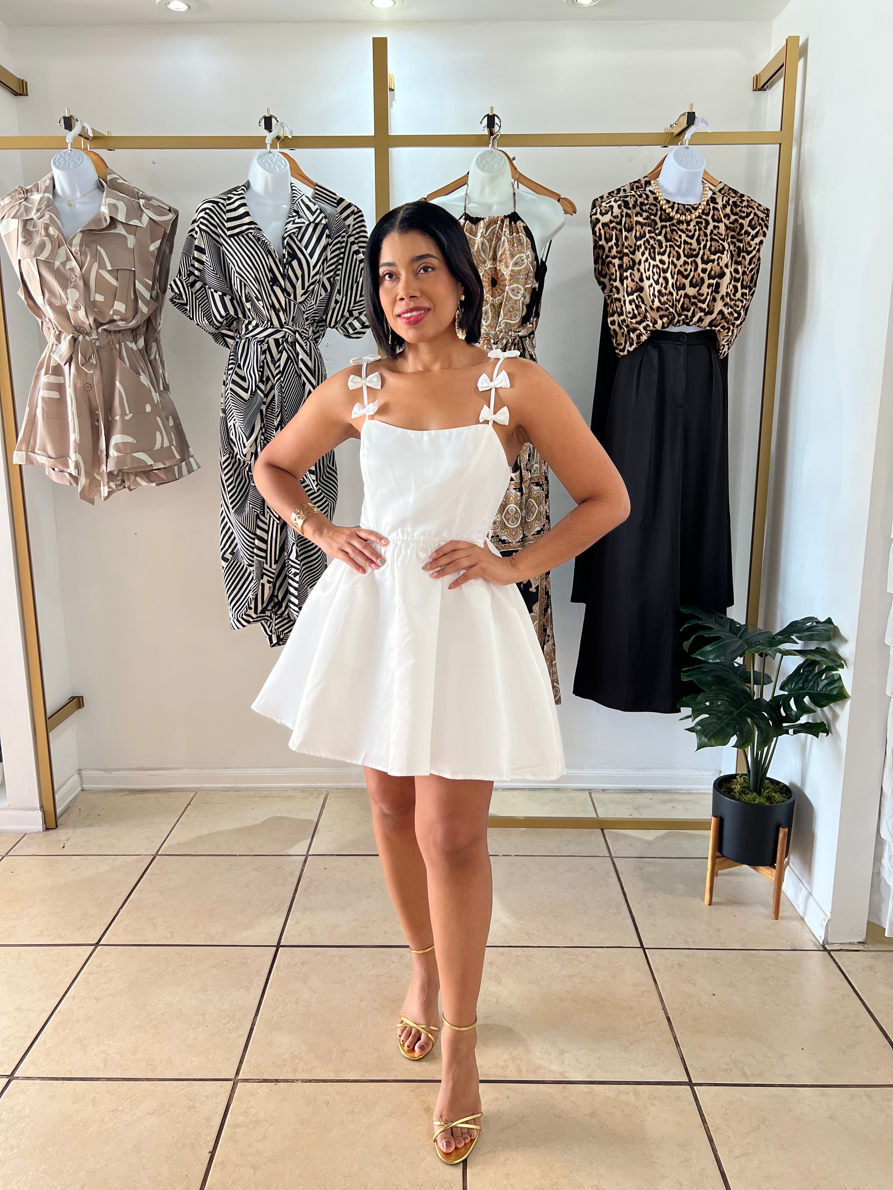 White little bow straps mini dress